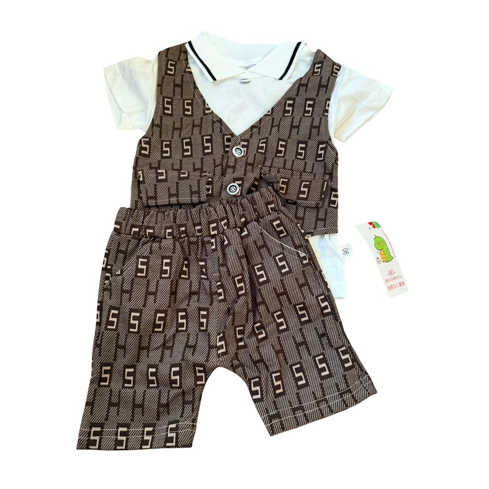BYAXBXYA Toddler Boys 3 Piece Vest Polo Shirt and Shorts Set Brown Monogram 90